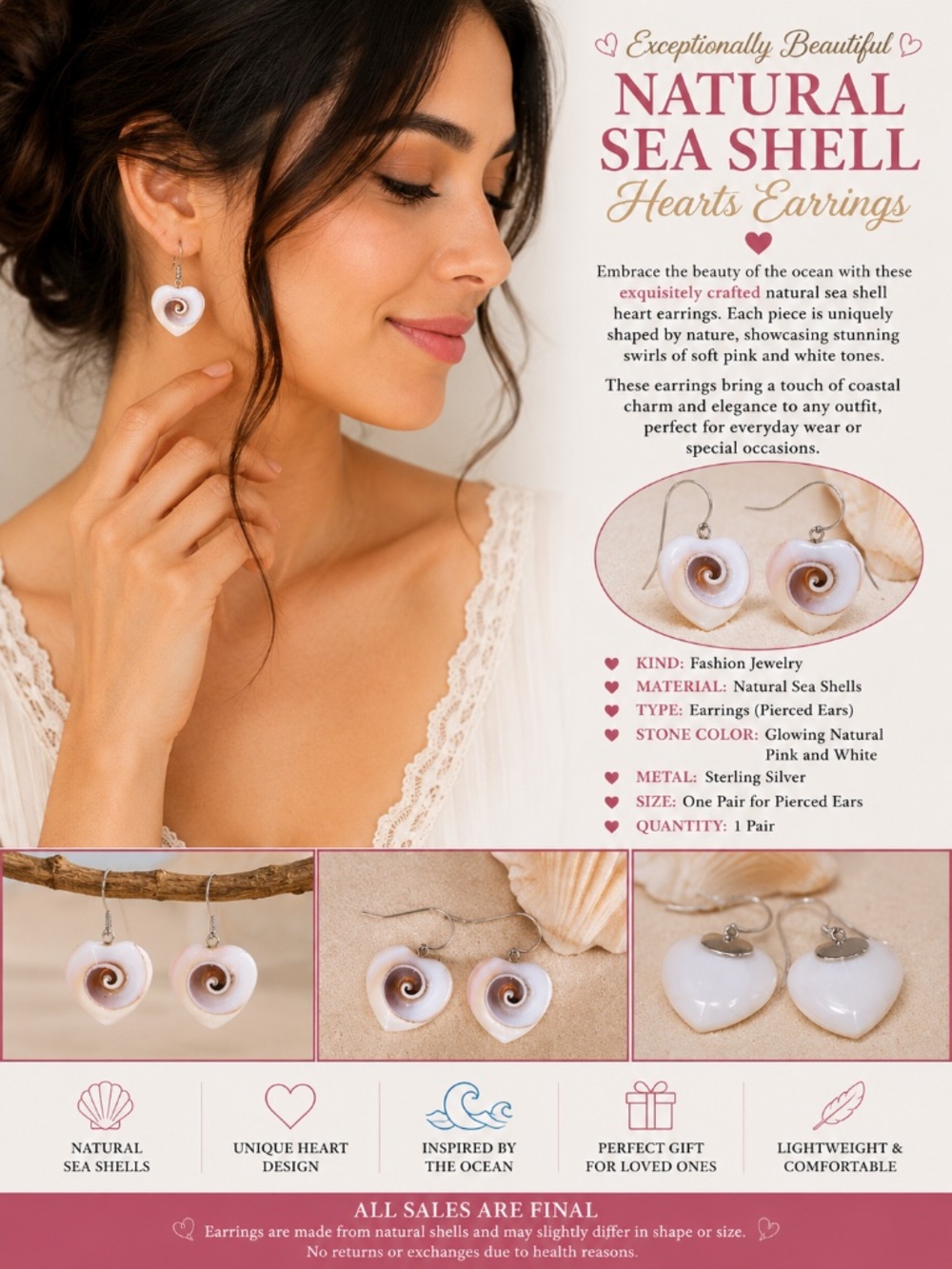 Exceptionally Beautiful Natural Sea Shell Hearts Earrings.